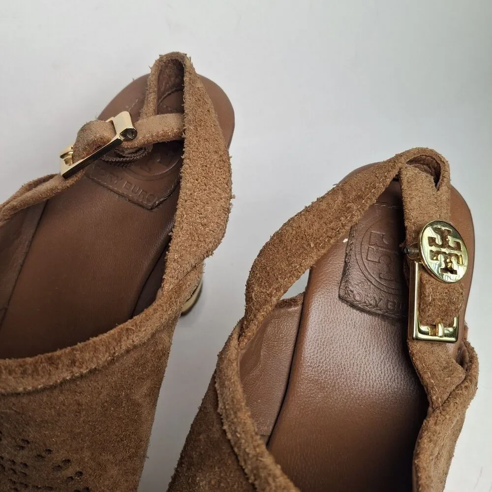 Tory Burch Brayden Slingback Clog 8M Brown Gold Wood Heel Studded Summer Party